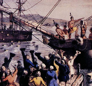 Historical scene depicting a group of Indigenous people interacting with European settlers by a ship.