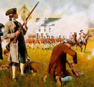 Colonial soldiers engage in battle with British troops in a historical depiction of the American Revolution.