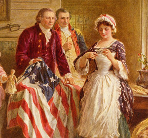 A historical painting depicting a woman sewing an American flag with three men observing her.