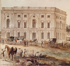 Historic building with carriages and horses, featuring people interacting in front of a grand facade.