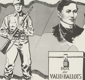 Illustration featuring a soldier, a portrait of a man, and a box labeled "BOX for VALID BALLOTS."