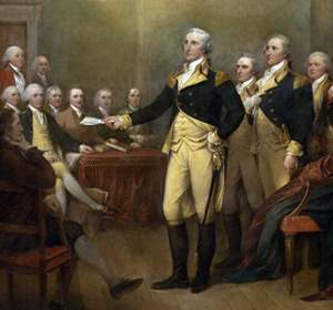 George Washington addressing a group of military officers in a historical setting.
