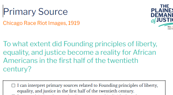 Text from a document titled "Primary Source" discussing the Chicago Race Riot of 1919 and its implications for African Americans.