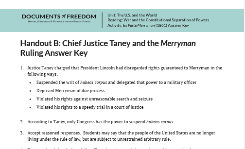 Document discussing Chief Justice Taney and the Merryman ruling, including charges against President Lincoln.