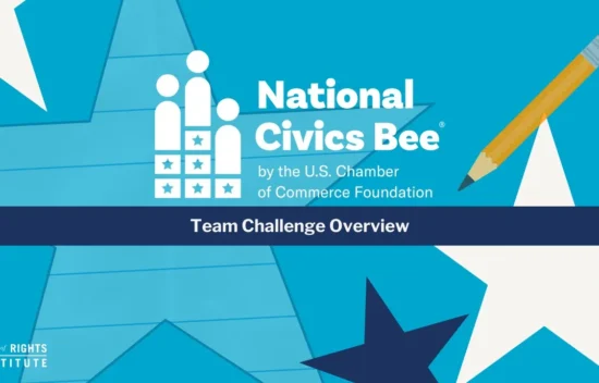 Illustration for the National Civics Bee, featuring the title and a star design on a blue background.