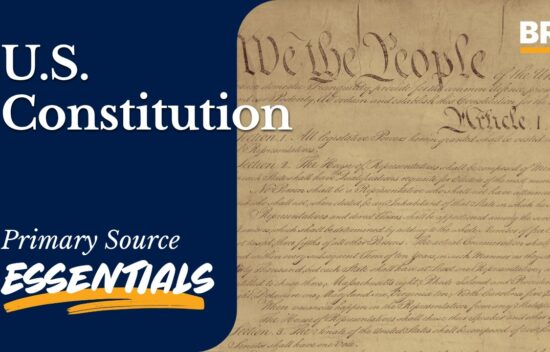 U.S. Constitution document page with the preamble and title "Primary Source Essentials".