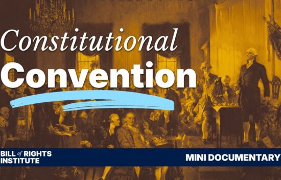 Title card for a mini documentary on the Constitutional Convention, featuring an illustration of the event.