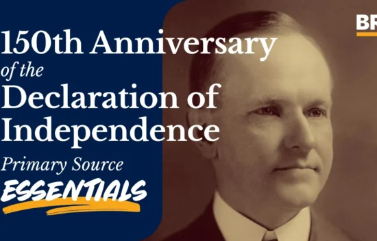 Black and white portrait of a man with text celebrating the 150th anniversary of the Declaration of Independence.