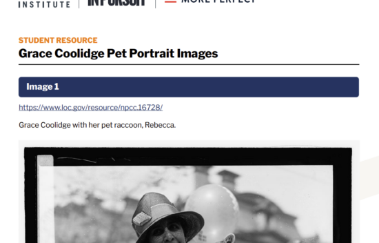 Grace Coolidge poses with her pet raccoon, Rebecca, at a festive event.