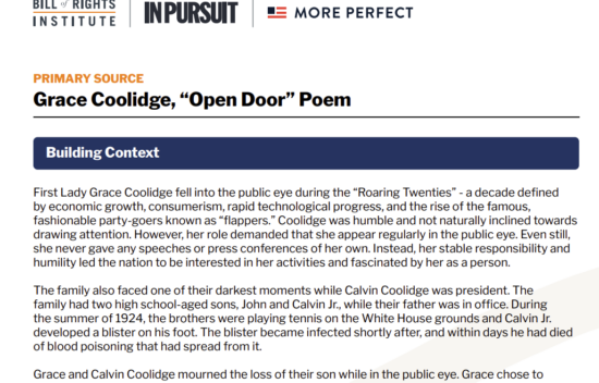 Image of a text page featuring Grace Coolidge's poem "Open Door" with historical context and details about her life.