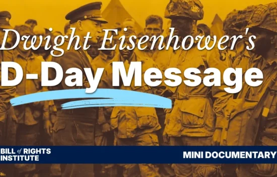 Image of a World War II scene with soldiers and officials, featuring text about Eisenhower's D-Day message.