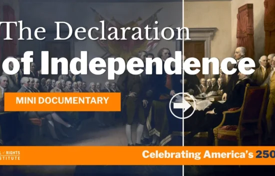 Promotional graphic for a mini documentary on the Declaration of Independence, featuring historical figures and text.
