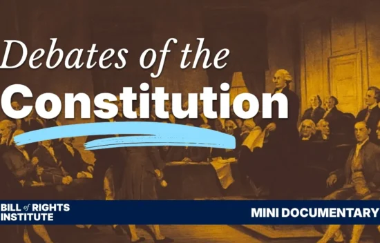 Illustration of historical figures discussing the Constitution in a formal setting, titled "Debates of the Constitution."