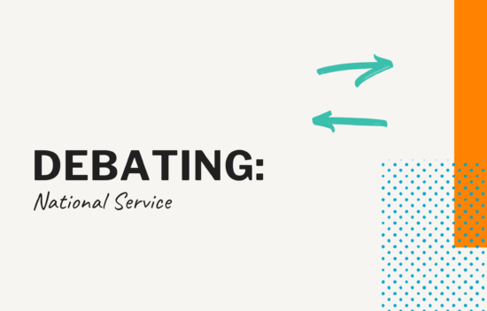Text graphic titled "Debating: National Service" with arrows and geometric shapes in orange and teal.