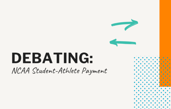 Text graphic titled "Debating: NCAA Student-Athlete Payment" with arrows and abstract shapes in orange and teal.