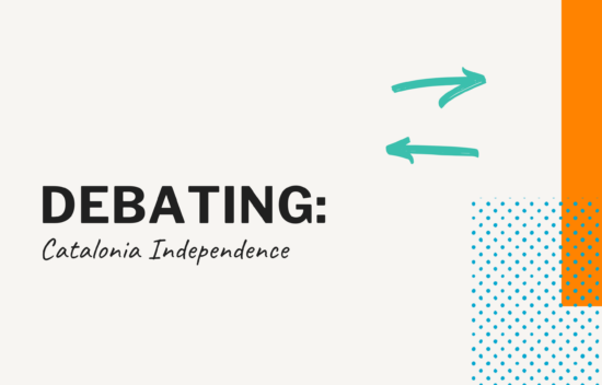 Text on a textured background reading "Debating: Catalonia Independence" with decorative arrows.