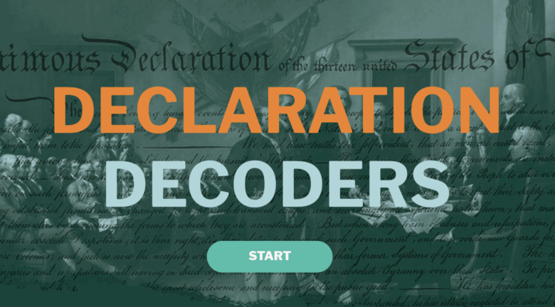 Text overlay on an image of a historic document featuring the words "Declaration Decoders" and a "Start" button.