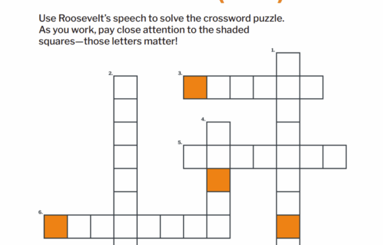 Crossword puzzle with shaded squares and a header about Theodore Roosevelt's 1910 speech on New Nationalism.