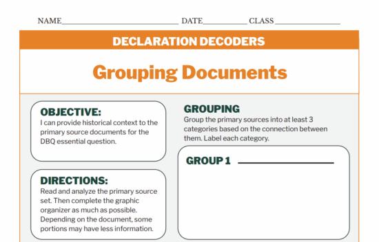 Graphic organizer for grouping documents with sections for objectives, grouping, directions, and categories.