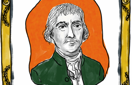 Illustration of a historical figure with short curly hair, wearing a green coat and white necktie, against an orange background.