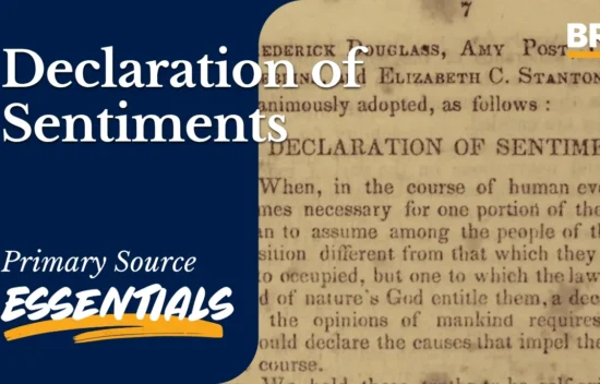 A page featuring the "Declaration of Sentiments" text, emphasizing women's rights and social justice.