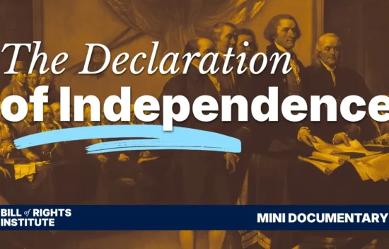 Text promoting a mini documentary about the Declaration of Independence, featuring historical figures and a historical backdrop.
