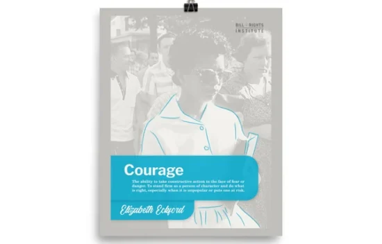 A poster featuring a historical image of Elizabeth Edgerton with the word "Courage" and a blue accent.