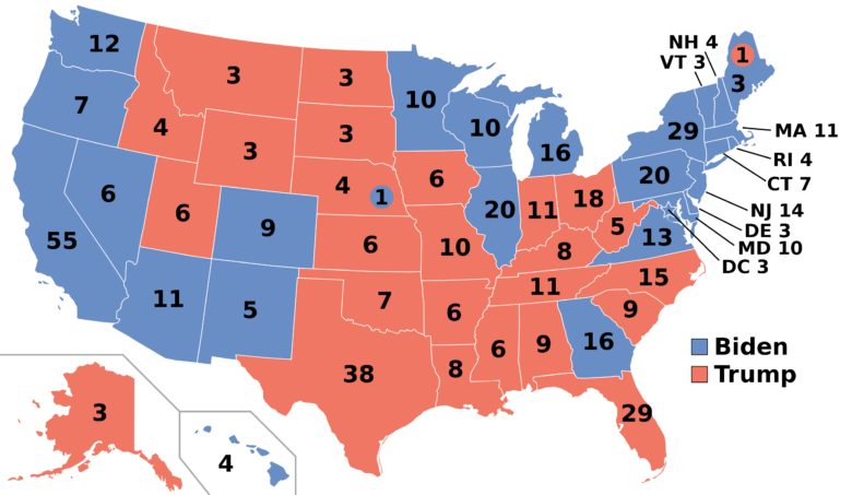 Map of the United States showing electoral votes by state, color-coded for two political parties.