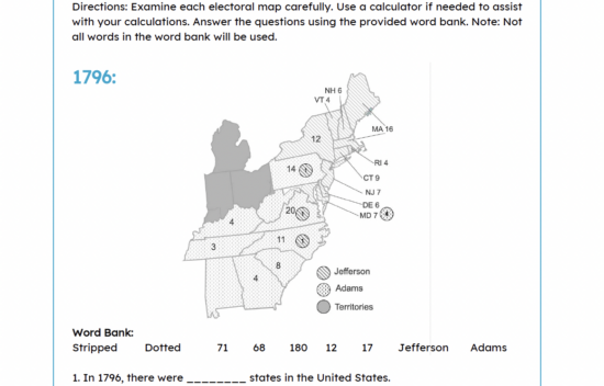 Electoral College Maps handout with questions and a word bank for the year 1796.