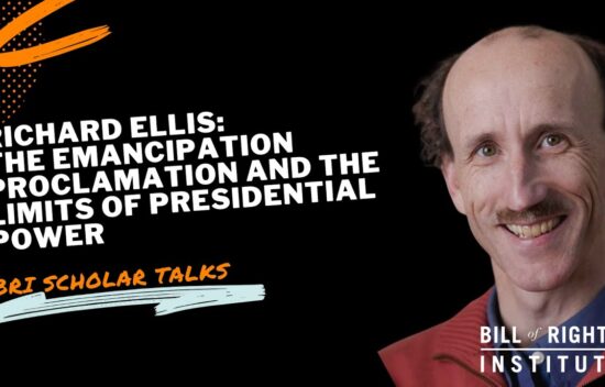 Portrait of Richard Ellis with text about his talk on the Emancipation Proclamation and presidential power.