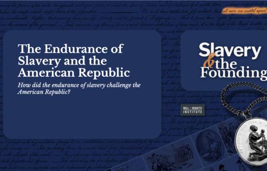Title text "The Endurance of Slavery and the American Republic" on a blue background with historical images and a chain graphic.