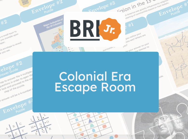 Colonial Era Escape Room graphic featuring envelopes, puzzles, and a logo for BRI Jr.
