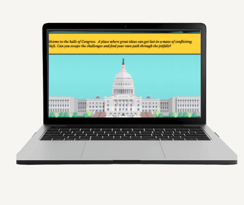Laptop displaying an illustration of the U.S. Capitol with text about Congress and navigating challenges.