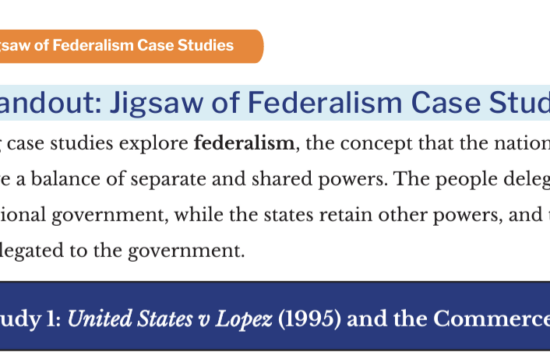 Illustration of a handout about federalism case studies, featuring headings and descriptions of different cases.