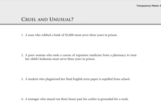 Text document listing scenarios discussing criminal sentences for various actions.
