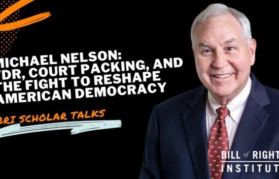 Image of a man in a suit speaking, with text about a talk on FDR and American democracy.