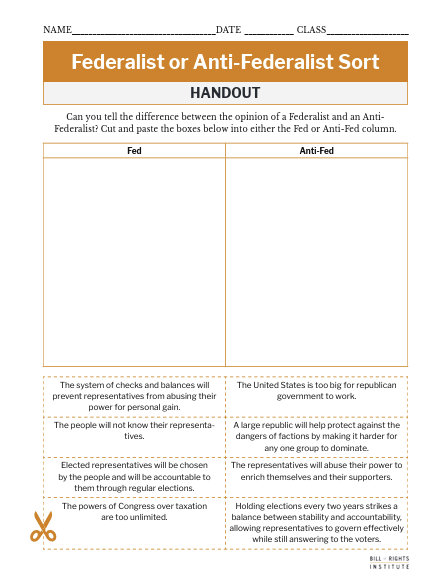 Handout for sorting Federalist and Anti-Federalist views with boxes for responses.