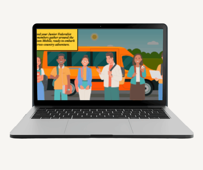 Laptop displaying an illustration of diverse characters preparing for a cross-country adventure, with a bus in the background.