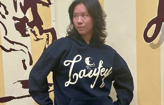 A young person in a black hoodie with "Lazfey" written in yellow, posing against a colorful striped background.