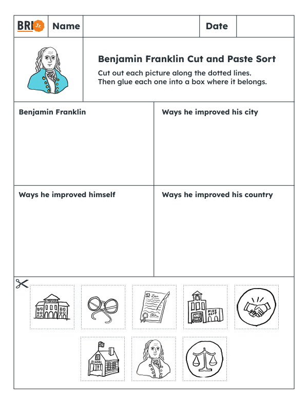BRI Jr. Benjamin Franklin K-3 social studies cut and paste activity