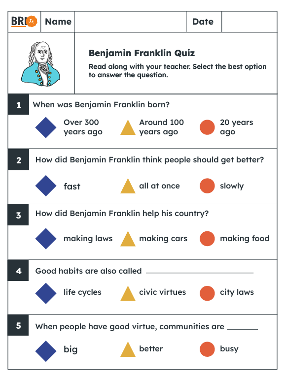 BRI Jr. K-1 social studies assessment