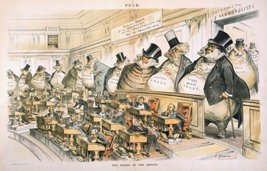 Political cartoon depicting wealthy figures controlling the Senate, highlighting issues of corruption and monopolies.