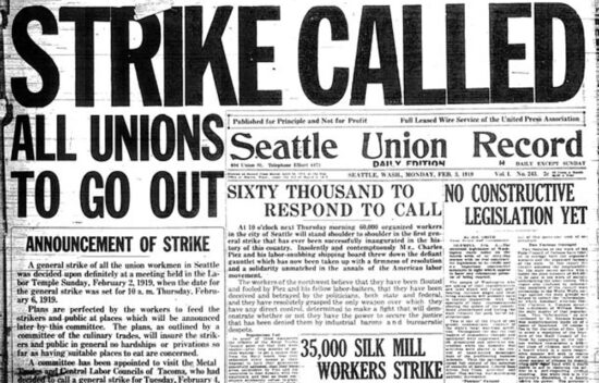 Historic newspaper front page announcing a strike call for all unions in Seattle, dated February 3, 1919.
