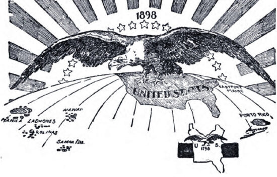 Illustration of an eagle over a map of the United States with various territories labeled, dated 1898.