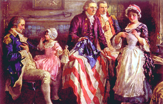 Historical scene depicting figures in 18th-century attire around a flag, with a child holding a doll.
