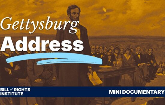 Illustration related to the Gettysburg Address, featuring a historical scene and text about a mini documentary.