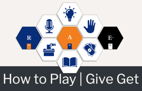 Graphic showing hexagonal icons with themes of learning and engagement, titled "How to Play | Give Get."
