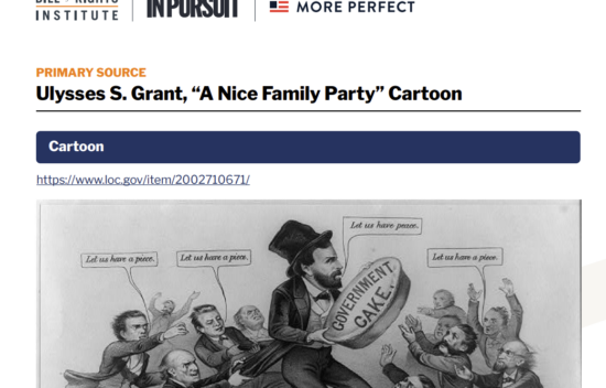Cartoon depicting Ulysses S. Grant at a family party, humorously addressing government issues.