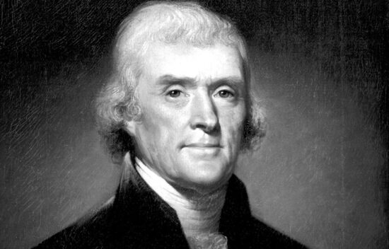 A black and white portrait of Thomas Jefferson, the third President of the United States.