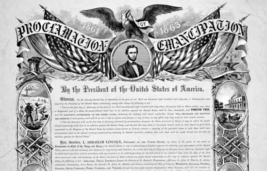 Historic document titled "Proclamation of Emancipation," featuring President Lincoln and decorative elements including an eagle and flags.